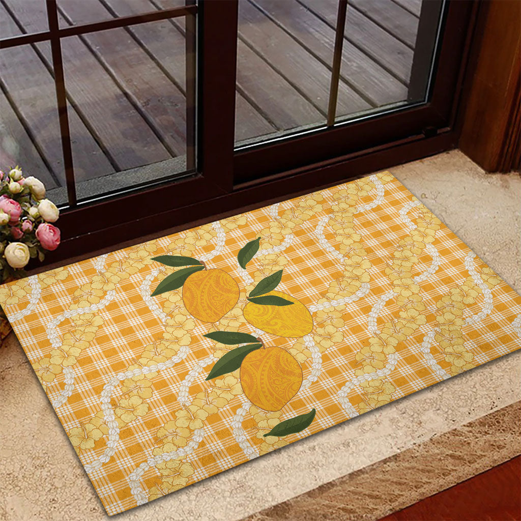 Alani Hawaiian Mango Palaka Rubber Doormat Aloha Hibiscus Pikake Lei