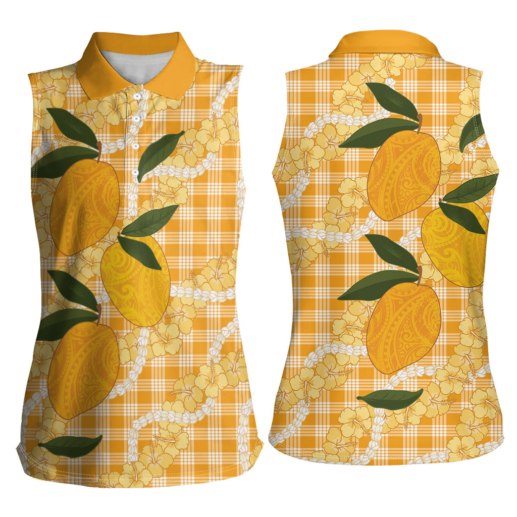 Alani Hawaiian Mango Palaka Women Sleeveless Polo Shirt Aloha Hibiscus Pikake Lei