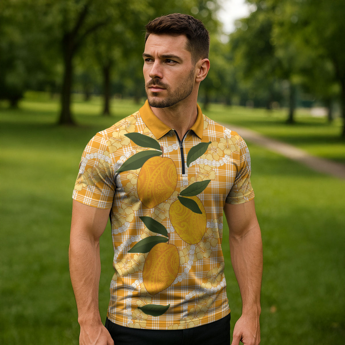 Alani Hawaiian Mango Palaka Zipper Polo Shirt Aloha Hibiscus Pikake Lei