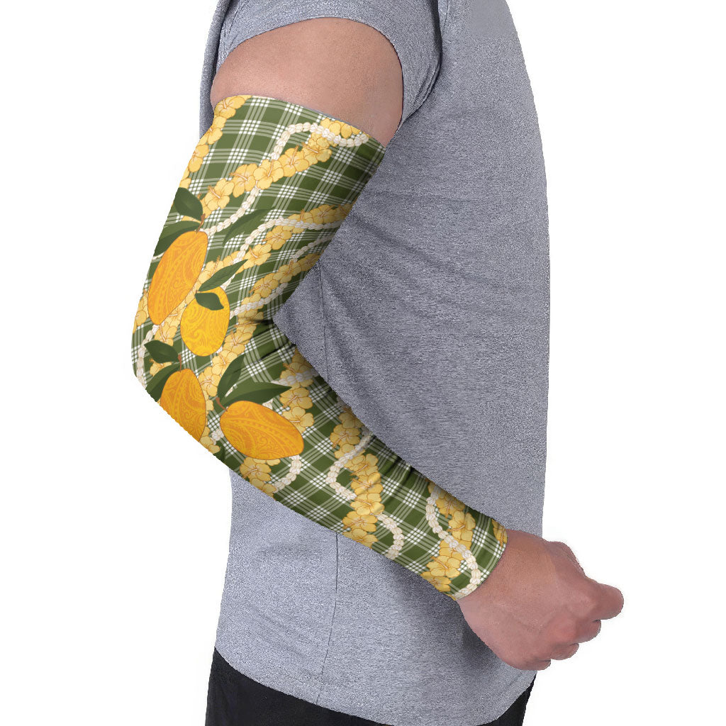 Uliuli Ahiahia Hawaiian Mango Palaka Arm Sleeves Aloha Hibiscus Pikake Lei