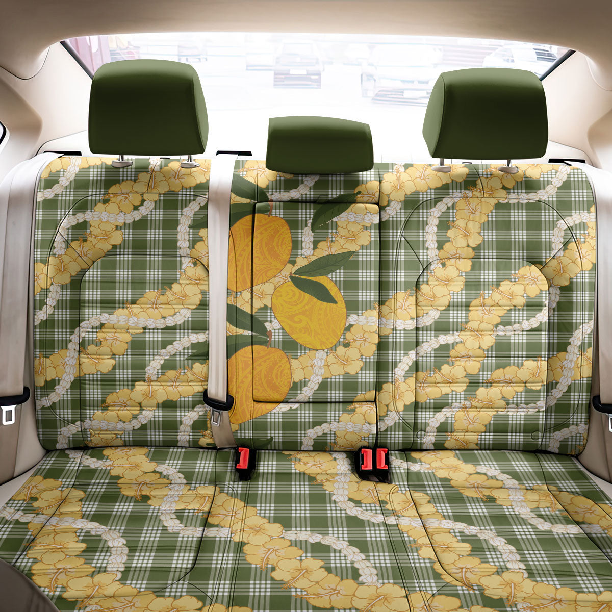 Uliuli Ahiahia Hawaiian Mango Palaka Back Car Seat Cover Aloha Hibiscus Pikake Lei