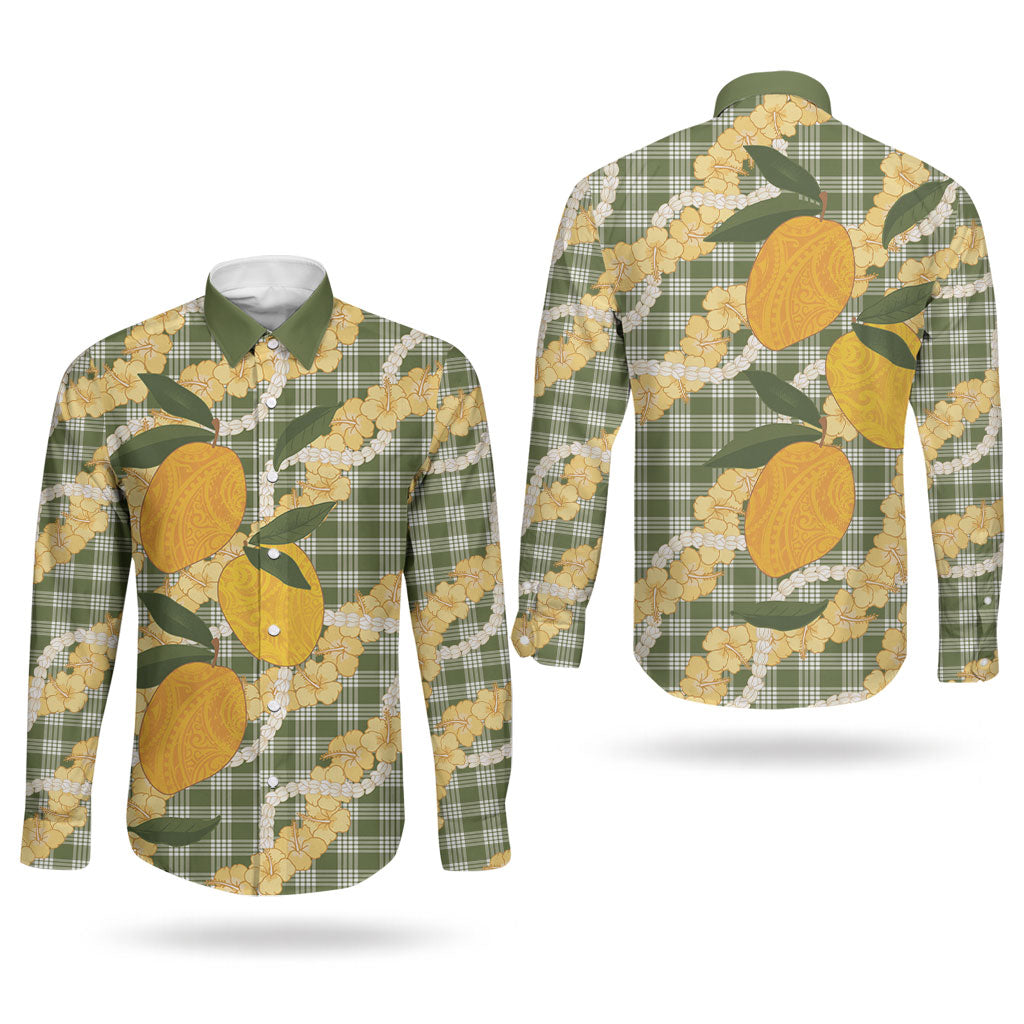 Uliuli Ahiahia Hawaiian Mango Palaka Couples Matching Long Sleeve Bodycon Dress and Long Sleeve Button Shirt Aloha Hibiscus Pikake Lei