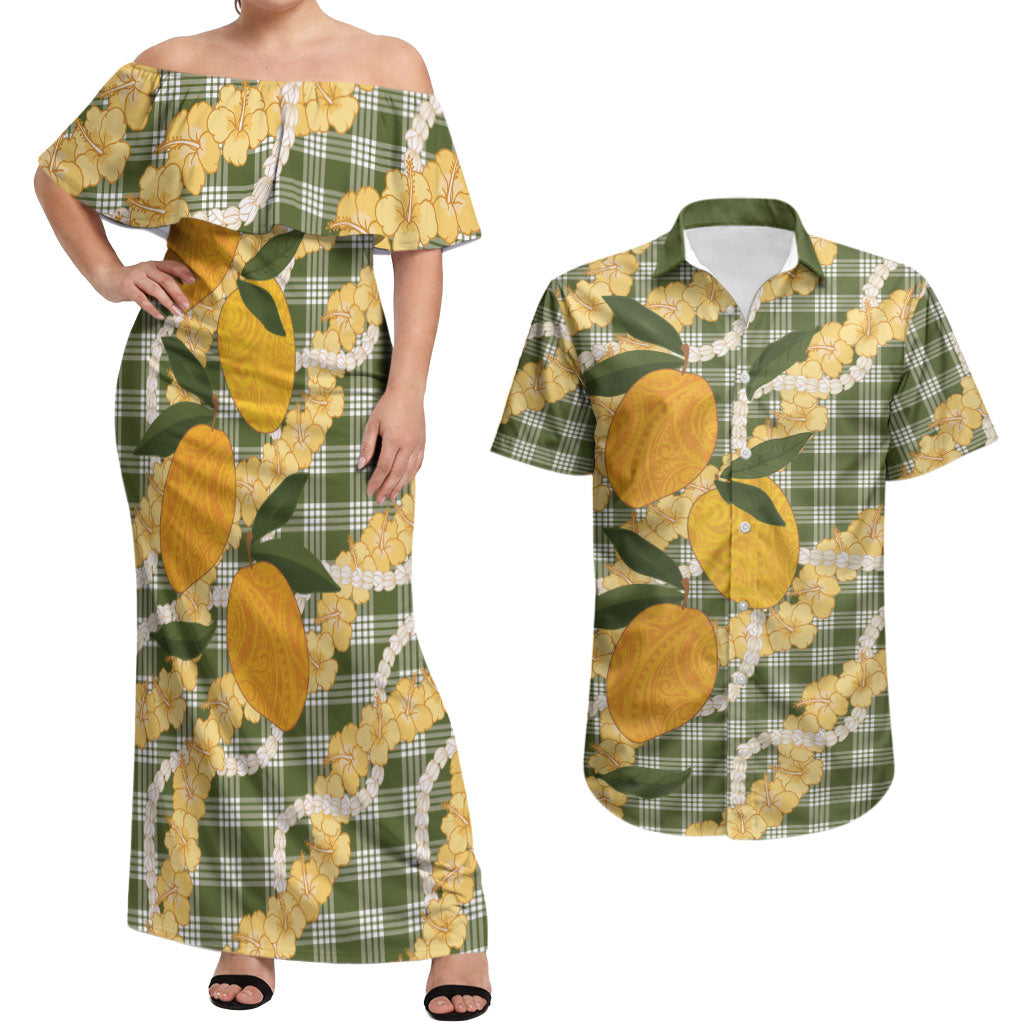 Uliuli Ahiahia Hawaiian Mango Palaka Couples Matching Off Shoulder Maxi Dress and Hawaiian Shirt Aloha Hibiscus Pikake Lei