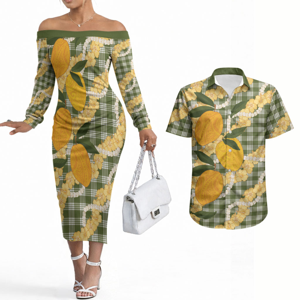 Uliuli Ahiahia Hawaiian Mango Palaka Couples Matching Off The Shoulder Long Sleeve Dress and Hawaiian Shirt Aloha Hibiscus Pikake Lei