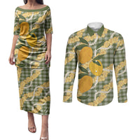 Uliuli Ahiahia Hawaiian Mango Palaka Couples Matching Puletasi and Long Sleeve Button Shirt Aloha Hibiscus Pikake Lei