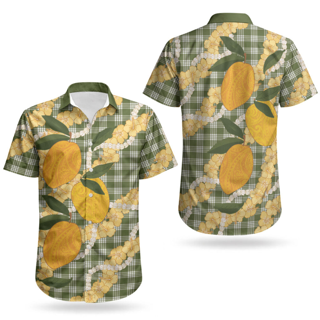 Uliuli Ahiahia Hawaiian Mango Palaka Couples Matching Short Sleeve Bodycon Dress and Hawaiian Shirt Aloha Hibiscus Pikake Lei