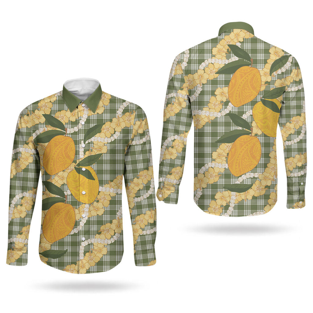 Uliuli Ahiahia Hawaiian Mango Palaka Couples Matching Short Sleeve Bodycon Dress and Long Sleeve Button Shirt Aloha Hibiscus Pikake Lei