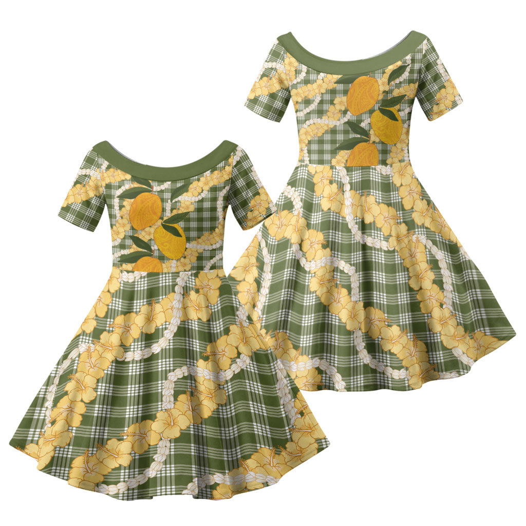 Uliuli Ahiahia Hawaiian Mango Palaka Family Matching Mermaid Dress and Hawaiian Shirt Aloha Hibiscus Pikake Lei