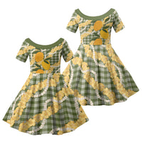 Uliuli Ahiahia Hawaiian Mango Palaka Family Matching Off Shoulder Short Dress and Hawaiian Shirt Aloha Hibiscus Pikake Lei