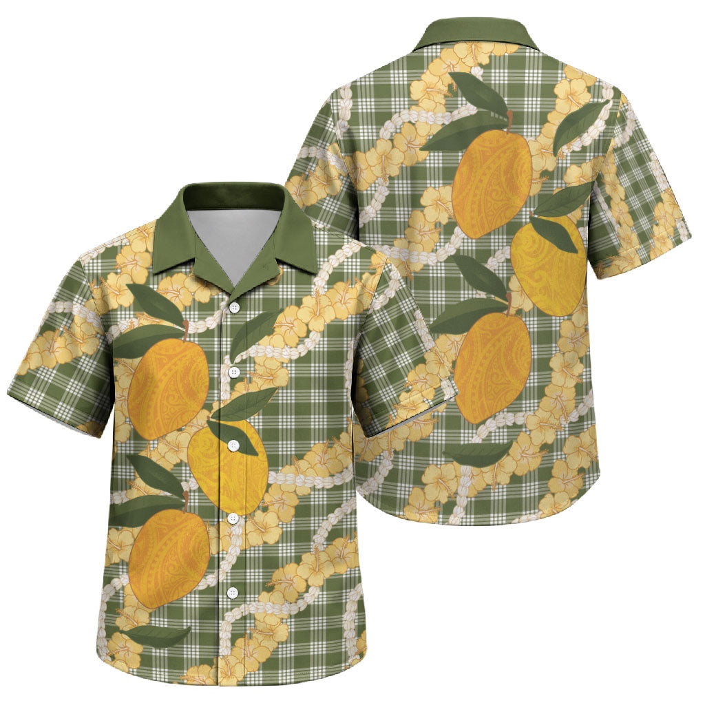 Uliuli Ahiahia Hawaiian Mango Palaka Family Matching Off Shoulder Short Dress and Hawaiian Shirt Aloha Hibiscus Pikake Lei