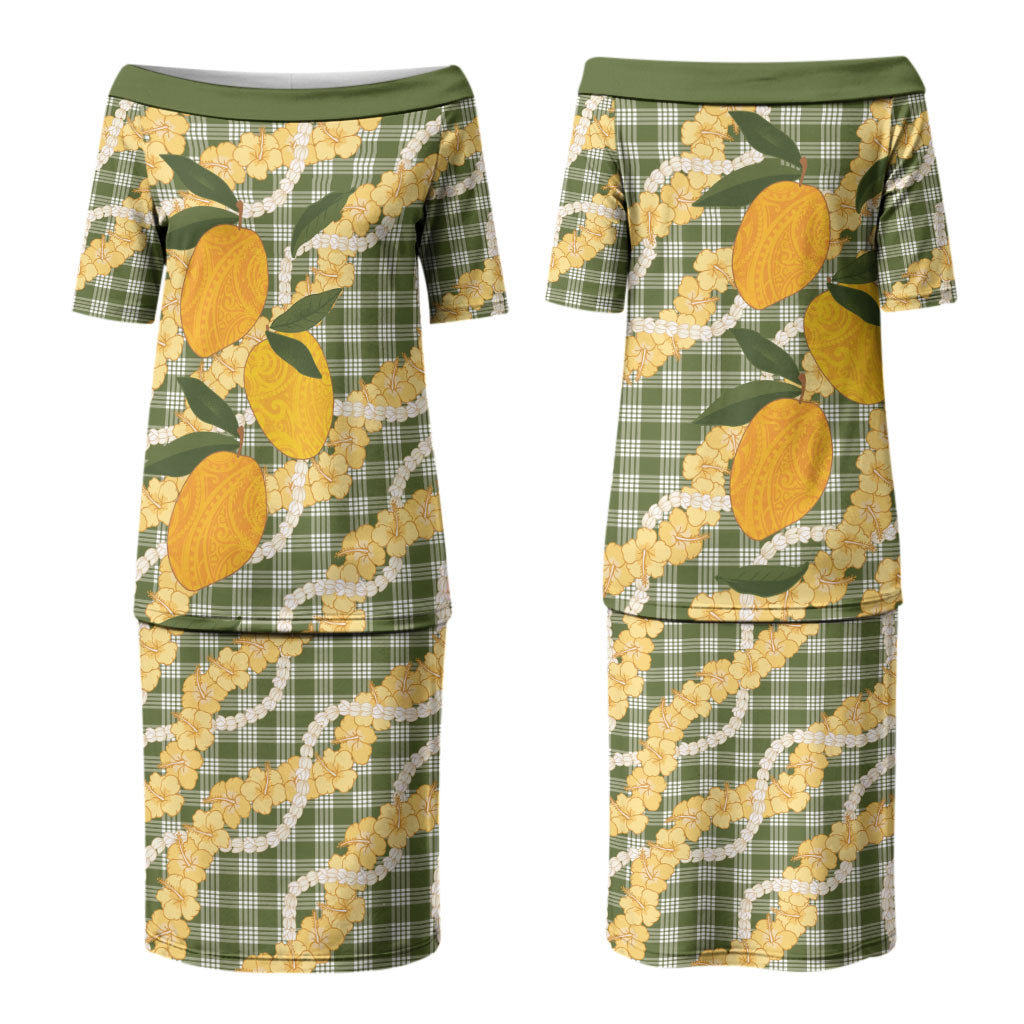 Uliuli Ahiahia Hawaiian Mango Palaka Family Matching Puletasi and Hawaiian Shirt Aloha Hibiscus Pikake Lei