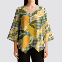Uliuli Ahiahia Hawaiian Mango Palaka Kimono Sleeve Blouse Aloha Hibiscus Pikake Lei