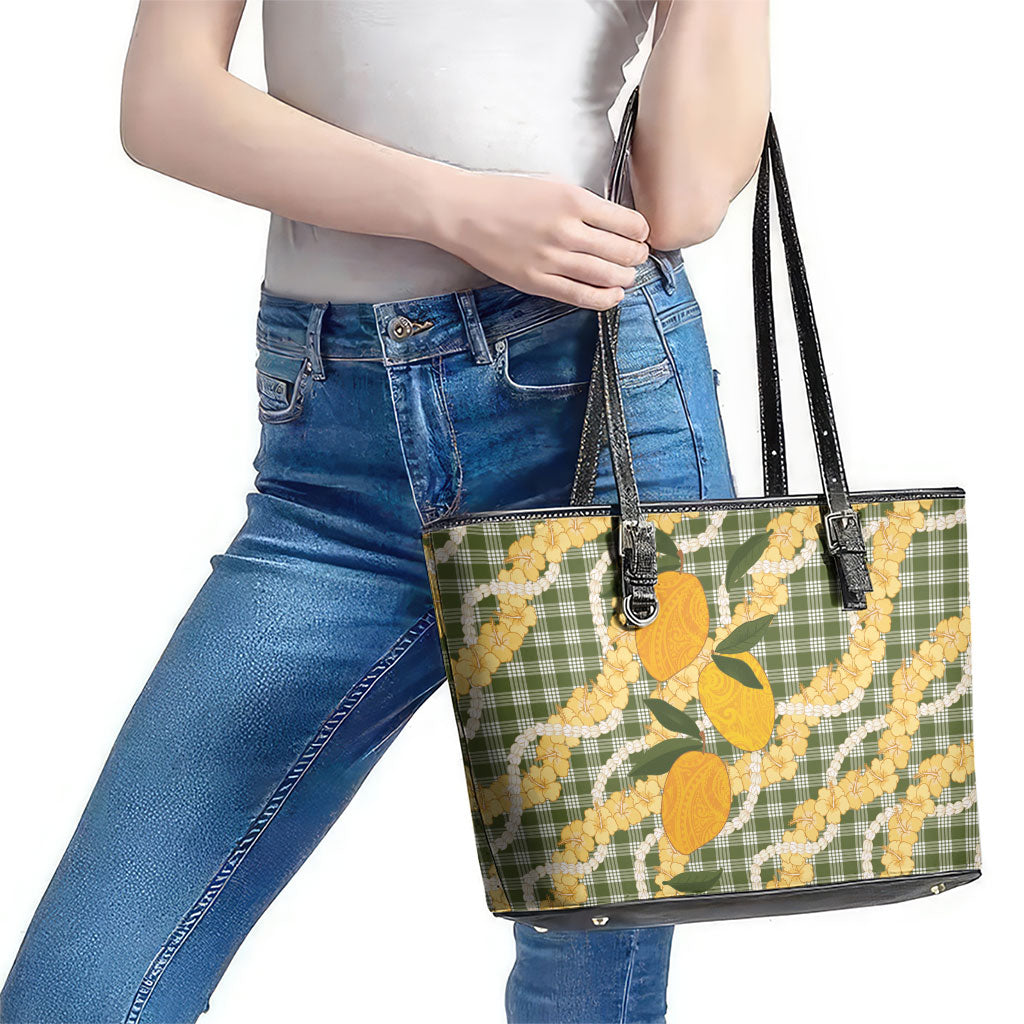 Uliuli Ahiahia Hawaiian Mango Palaka Leather Tote Bag Aloha Hibiscus Pikake Lei