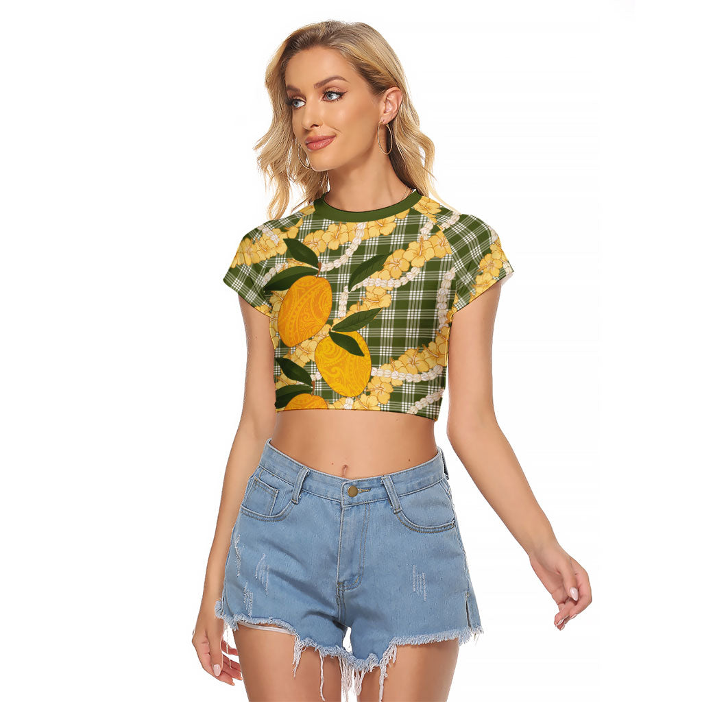 Uliuli Ahiahia Hawaiian Mango Palaka Raglan Cropped T Shirt Aloha Hibiscus Pikake Lei