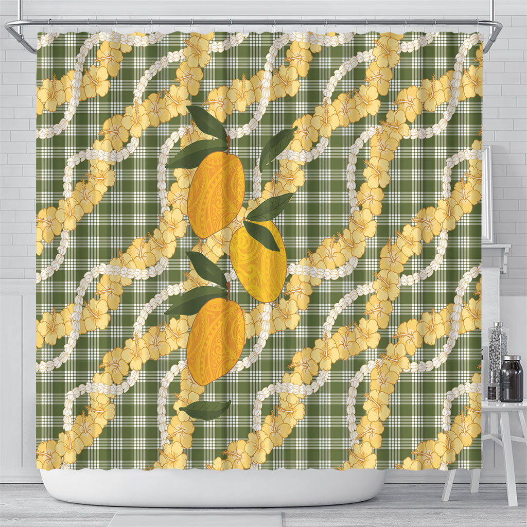 Uliuli Ahiahia Hawaiian Mango Palaka Shower Curtain Aloha Hibiscus Pikake Lei
