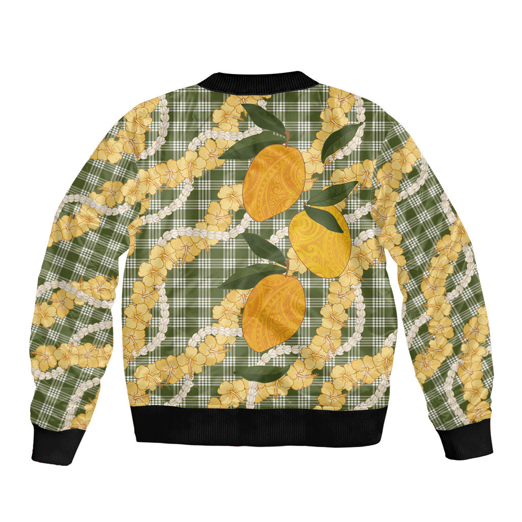 Uliuli Ahiahia Hawaiian Mango Palaka Sleeve Zip Bomber Jacket Aloha Hibiscus Pikake Lei