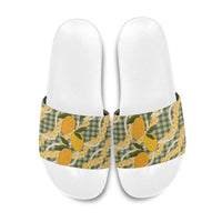 Uliuli Ahiahia Hawaiian Mango Palaka Slide Sandals Aloha Hibiscus Pikake Lei