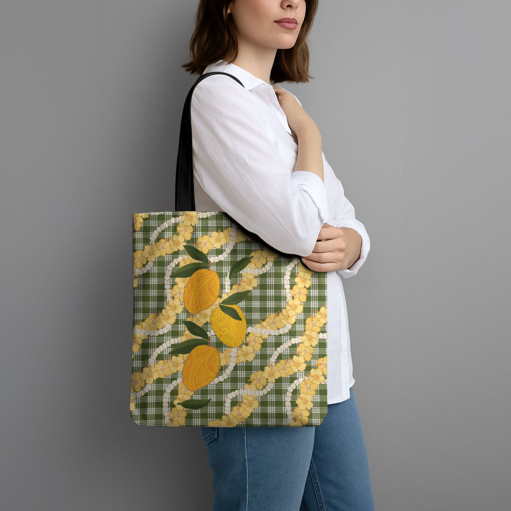 Uliuli Ahiahia Hawaiian Mango Palaka Tote Bag Aloha Hibiscus Pikake Lei