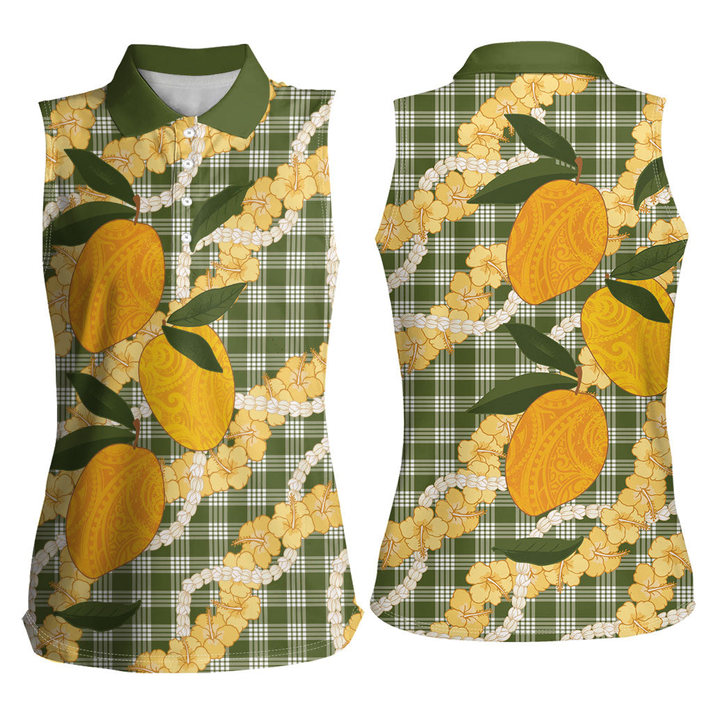 Uliuli Ahiahia Hawaiian Mango Palaka Women Sleeveless Polo Shirt Aloha Hibiscus Pikake Lei