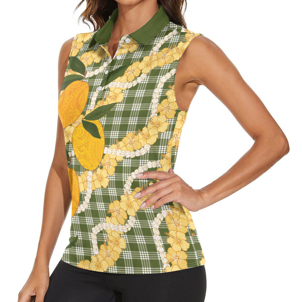 Uliuli Ahiahia Hawaiian Mango Palaka Women Sleeveless Polo Shirt Aloha Hibiscus Pikake Lei