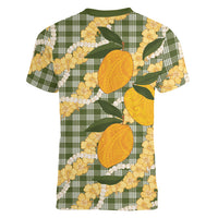 Uliuli Ahiahia Hawaiian Mango Palaka Women V-Neck T-Shirt Aloha Hibiscus Pikake Lei
