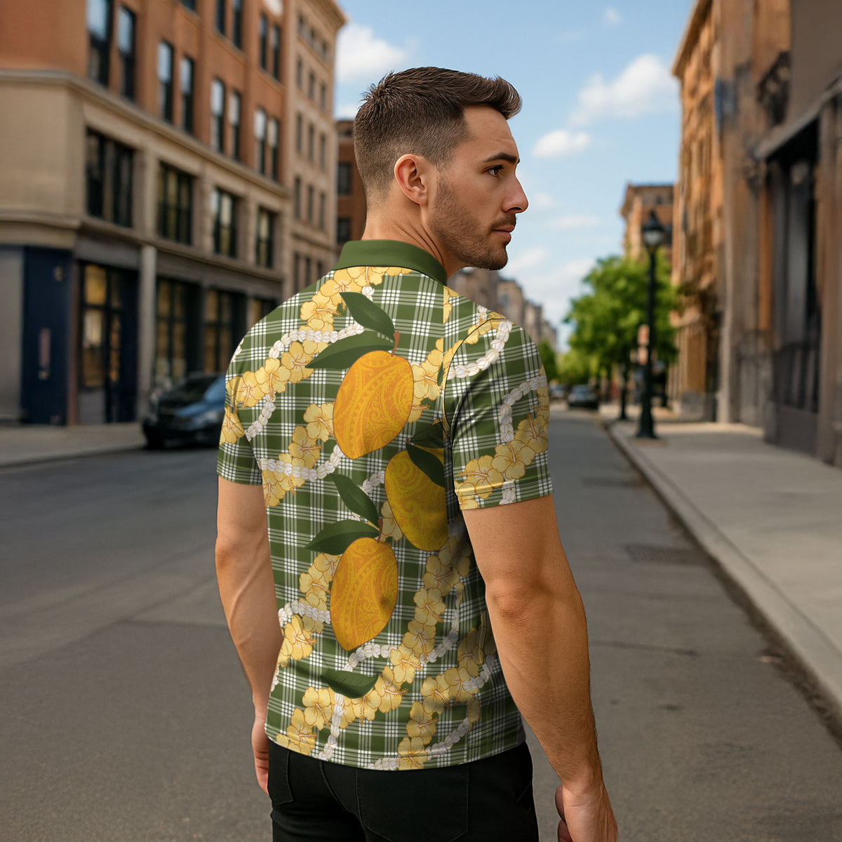 Uliuli Ahiahia Hawaiian Mango Palaka Zipper Polo Shirt Aloha Hibiscus Pikake Lei