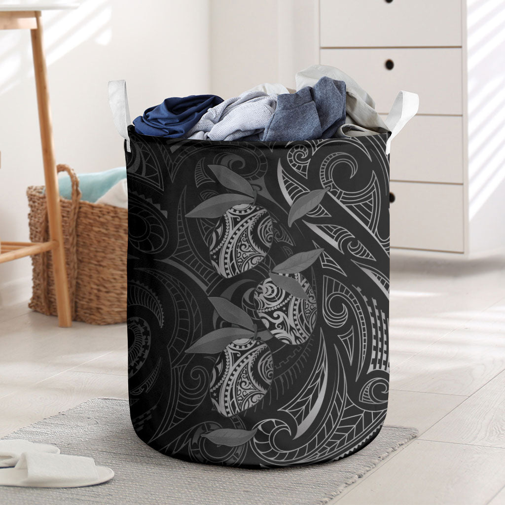 Hawaiian Mango Tribal Tattoo Laundry Basket Black White Pacific Traditional Pattern