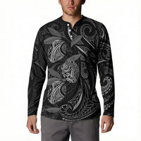 Hawaiian Mango Tribal Tattoo Button Sweatshirt Black White Pacific Traditional Pattern