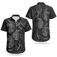 Hawaiian Mango Tribal Tattoo Couples Matching Puletasi and Hawaiian Shirt Black White Pacific Traditional Pattern