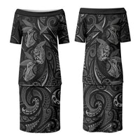 Hawaiian Mango Tribal Tattoo Couples Matching Puletasi and Hawaiian Shirt Black White Pacific Traditional Pattern