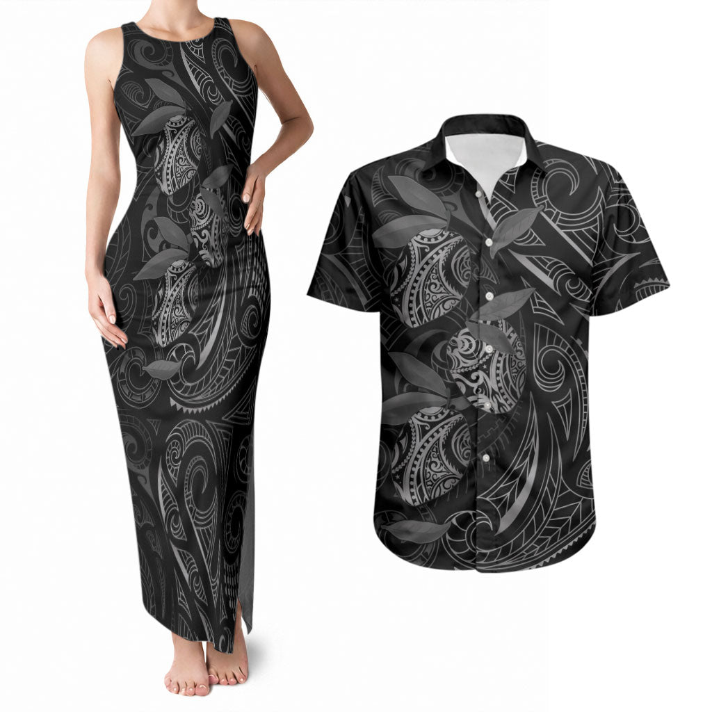 Hawaiian Mango Tribal Tattoo Couples Matching Tank Maxi Dress and Hawaiian Shirt Black White Pacific Traditional Pattern