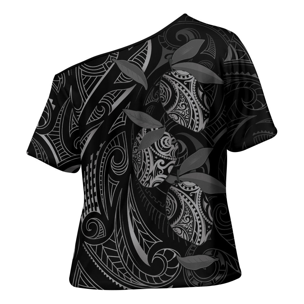 Hawaiian Mango Tribal Tattoo Cross Shoulder Shirt Black White Pacific Traditional Pattern