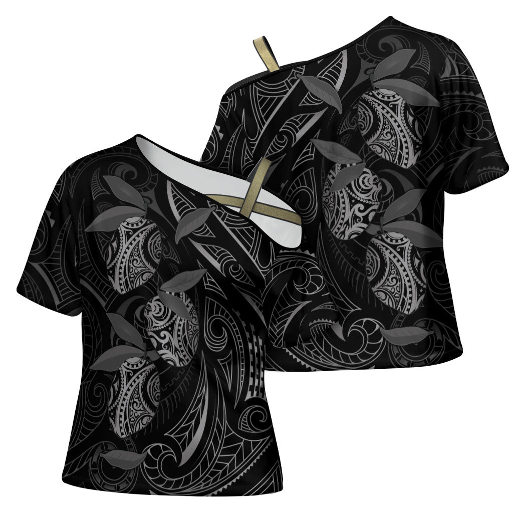 Hawaiian Mango Tribal Tattoo Cross Shoulder Shirt Black White Pacific Traditional Pattern