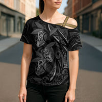 Hawaiian Mango Tribal Tattoo Cross Shoulder Shirt Black White Pacific Traditional Pattern