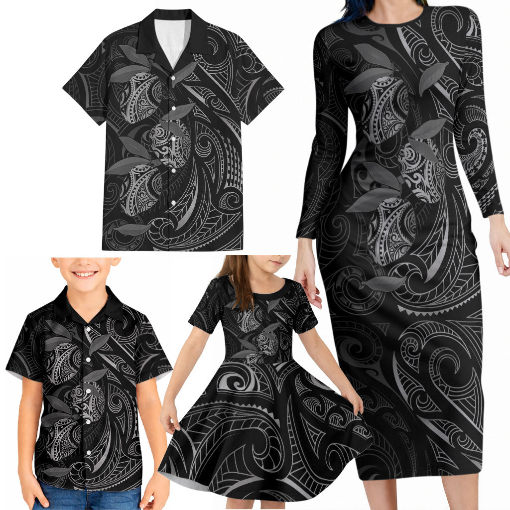 Hawaiian Mango Tribal Tattoo Family Matching Long Sleeve Bodycon Dress and Hawaiian Shirt Black White Pacific Traditional Pattern