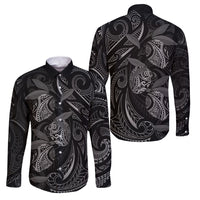 Hawaiian Mango Tribal Tattoo Family Matching Long Sleeve Bodycon Dress and Hawaiian Shirt Black White Pacific Traditional Pattern