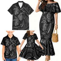 Hawaiian Mango Tribal Tattoo Family Matching Mermaid Dress and Hawaiian Shirt Black White Pacific Traditional Pattern