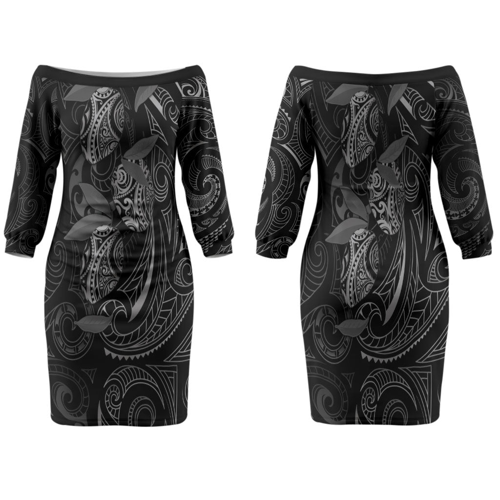 Hawaiian Mango Tribal Tattoo Family Matching Off The Shoulder Long Sleeve Dress and Hawaiian Shirt Black White Pacific Traditional Pattern
