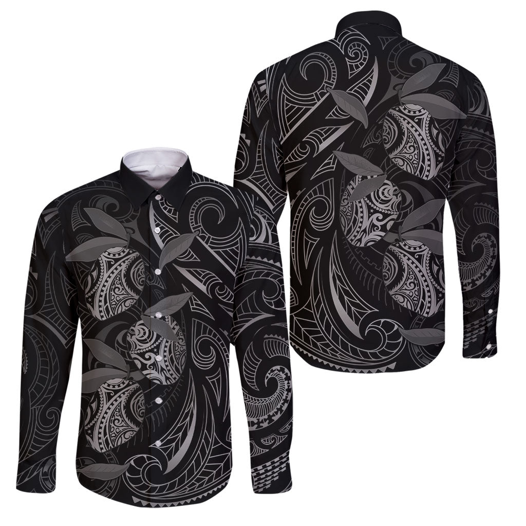 Hawaiian Mango Tribal Tattoo Family Matching Off The Shoulder Long Sleeve Dress and Hawaiian Shirt Black White Pacific Traditional Pattern
