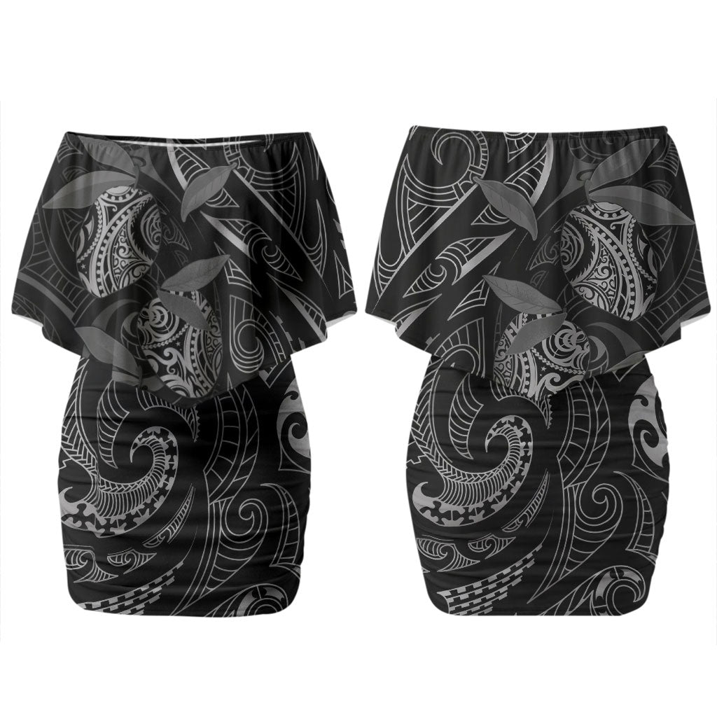 Hawaiian Mango Tribal Tattoo Family Matching Off Shoulder Short Dress and Hawaiian Shirt Black White Pacific Traditional Pattern