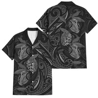 Hawaiian Mango Tribal Tattoo Family Matching Off Shoulder Short Dress and Hawaiian Shirt Black White Pacific Traditional Pattern