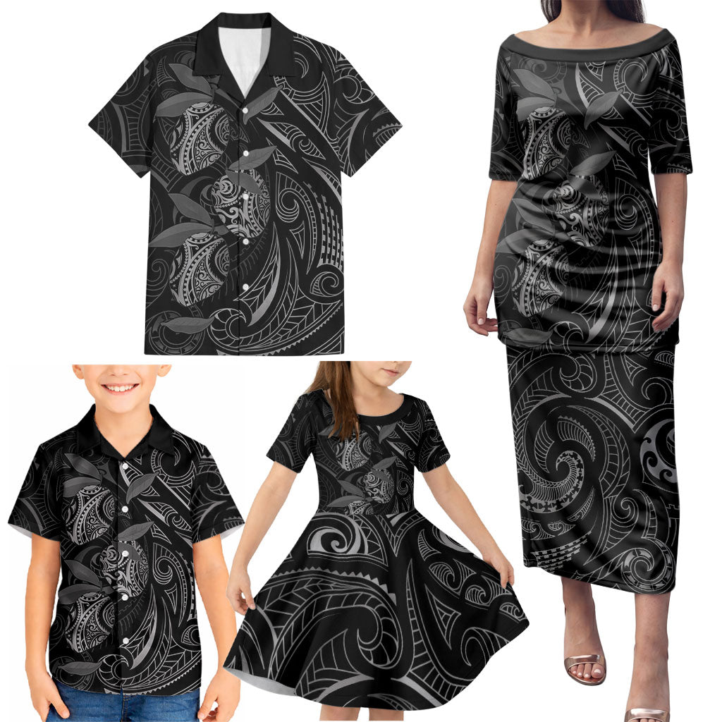Hawaiian Mango Tribal Tattoo Family Matching Puletasi and Hawaiian Shirt Black White Pacific Traditional Pattern