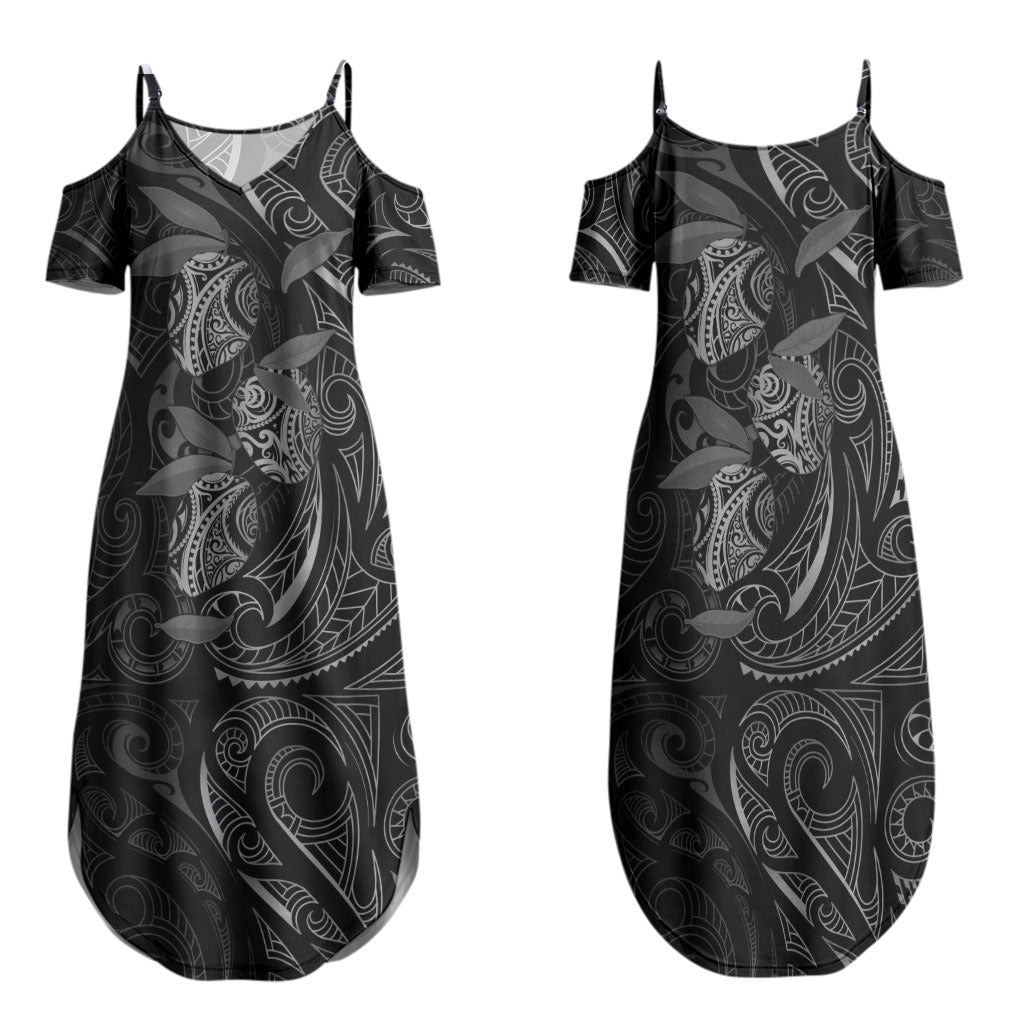 Hawaiian Mango Tribal Tattoo Family Matching Summer Maxi Dress and Hawaiian Shirt Black White Pacific Traditional Pattern