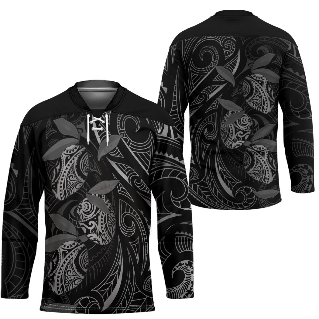 Hawaiian Mango Tribal Tattoo Hockey Jersey Black White Pacific Traditional Pattern
