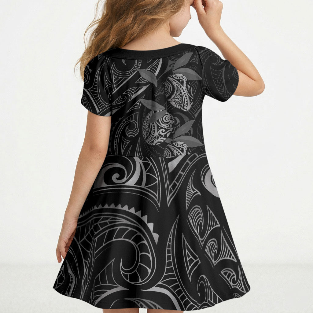Hawaiian Mango Tribal Tattoo Kid Short Sleeve Dress Black White Pacific Traditional Pattern