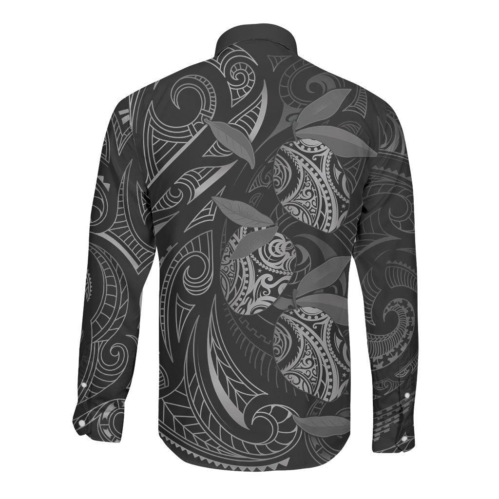 Hawaiian Mango Tribal Tattoo Long Sleeve Button Shirt Black White Pacific Traditional Pattern