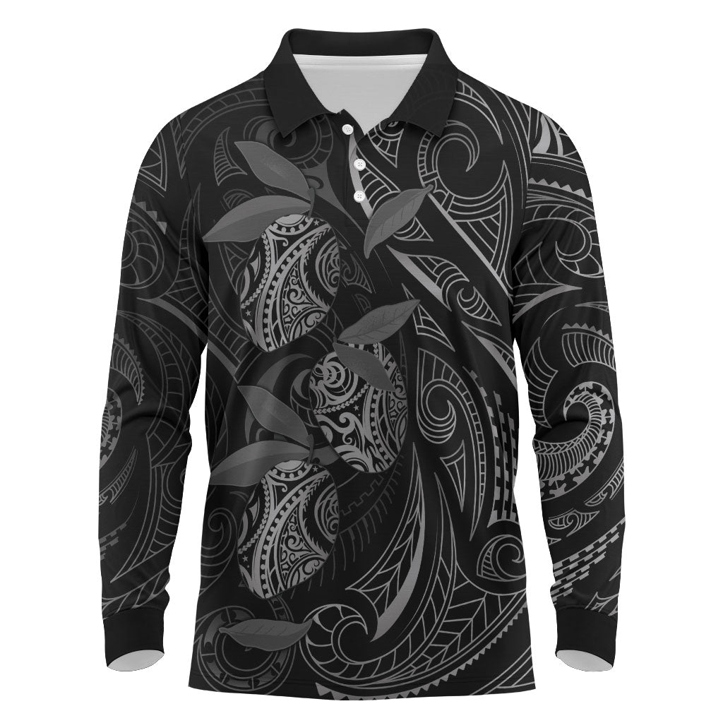 Hawaiian Mango Tribal Tattoo Long Sleeve Polo Shirt Black White Pacific Traditional Pattern