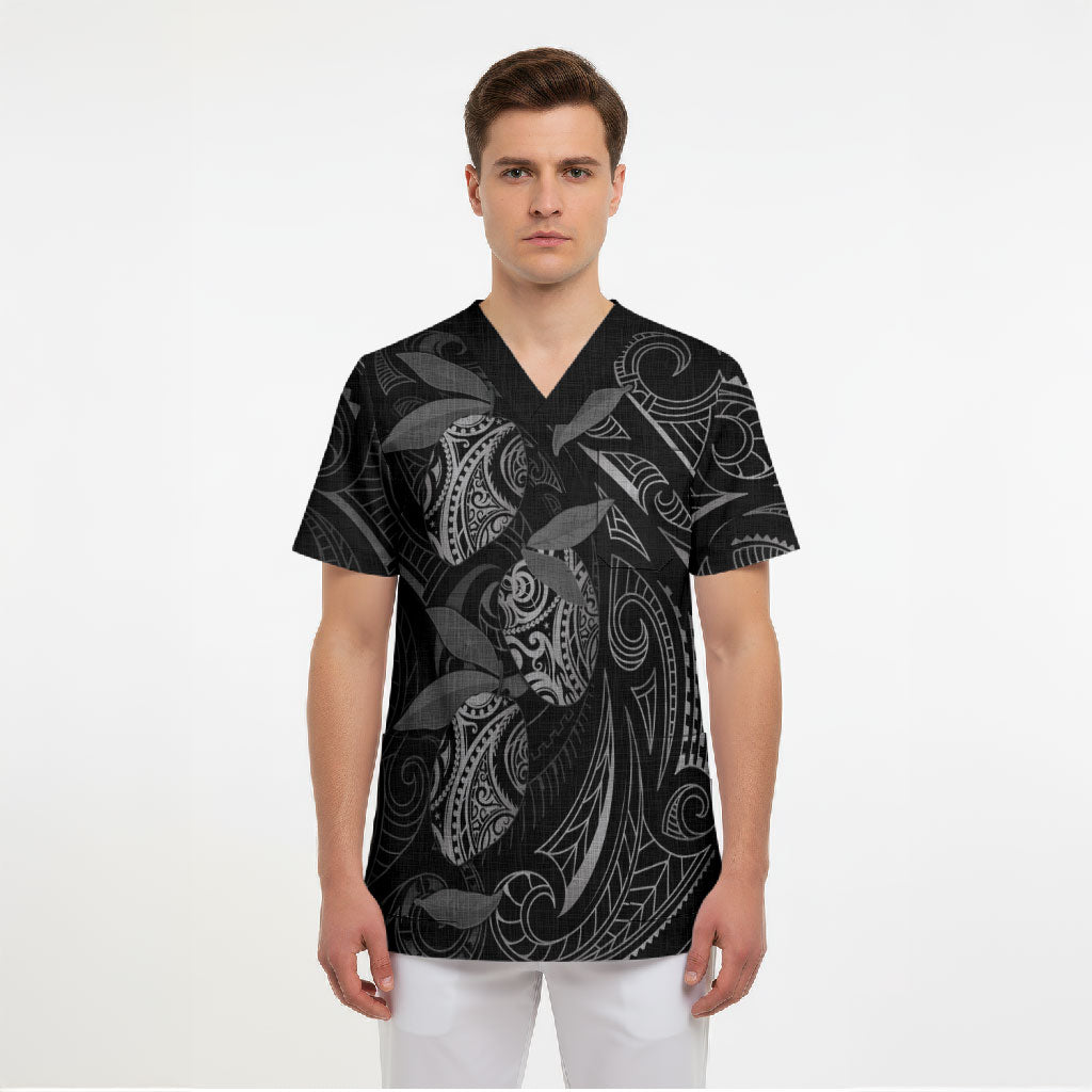 Hawaiian Mango Tribal Tattoo Scrub Top Black White Pacific Traditional Pattern