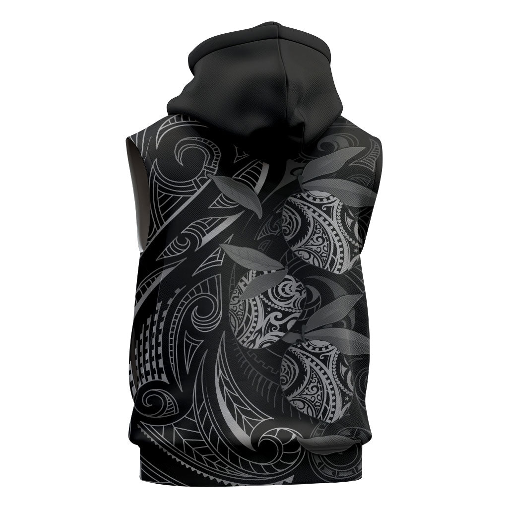 Hawaiian Mango Tribal Tattoo Sleeveless Hoodie Black White Pacific Traditional Pattern