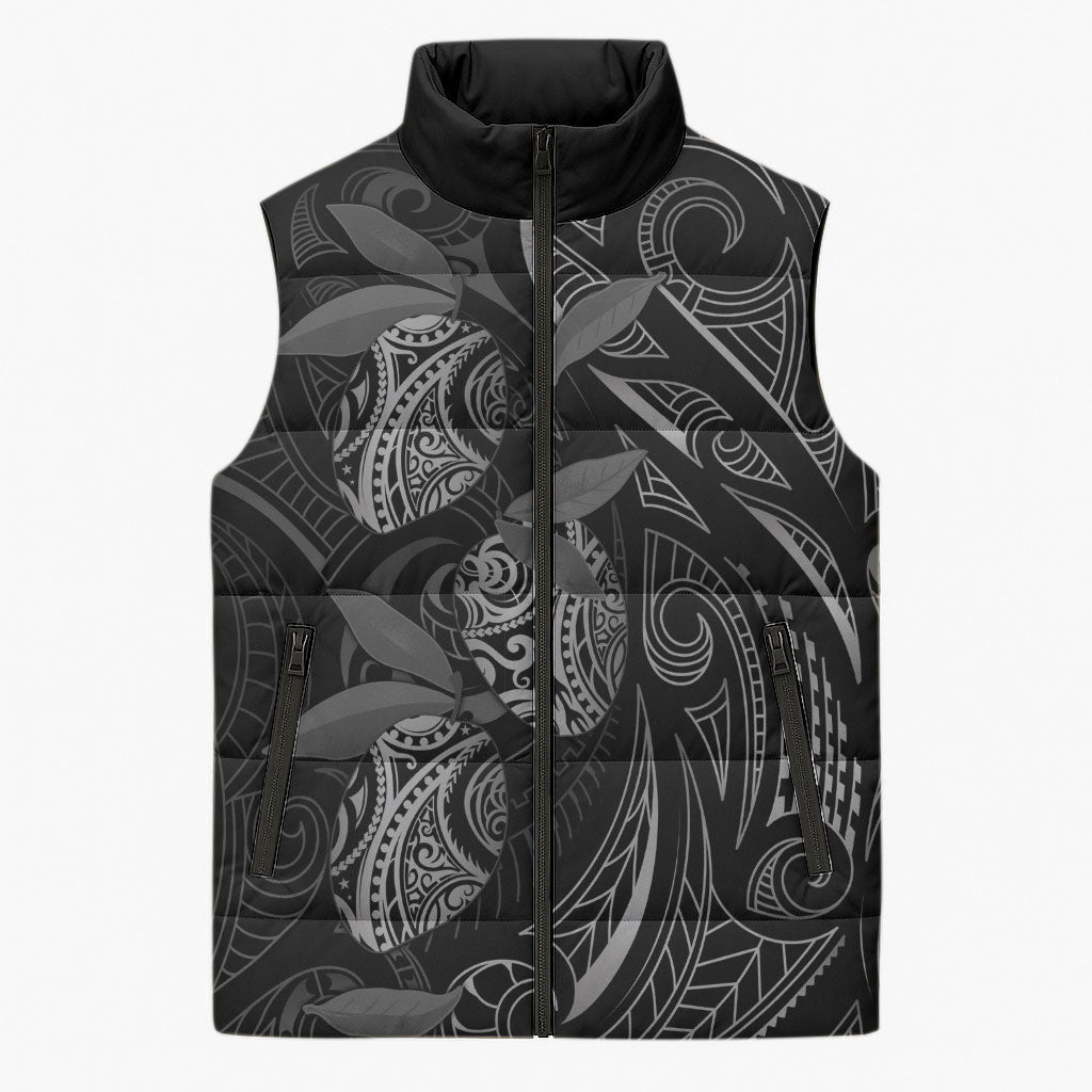 Hawaiian Mango Tribal Tattoo Sleeveless Puffer Jacket Black White Pacific Traditional Pattern